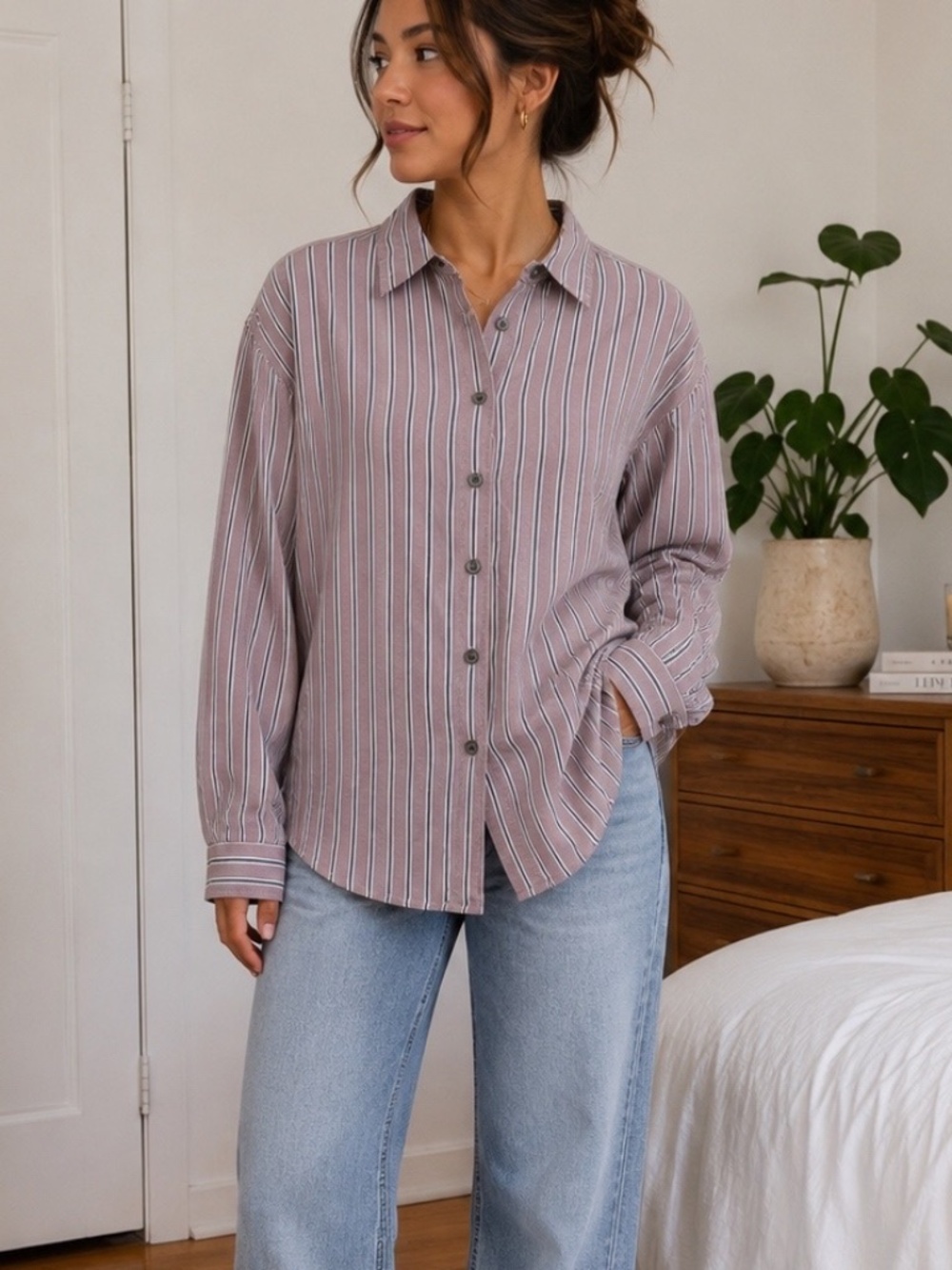 CLOSED Oversized Cotton Stripe Button Down Shirt Mauve XS